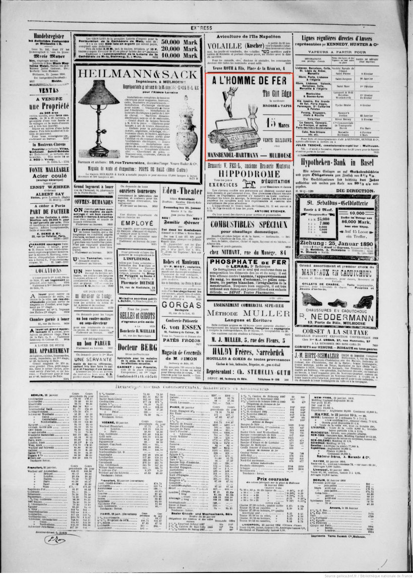 Journal L'Express de Mulhouse du 23 janvier 1890 (p.4) : vente de brosse à tapis.